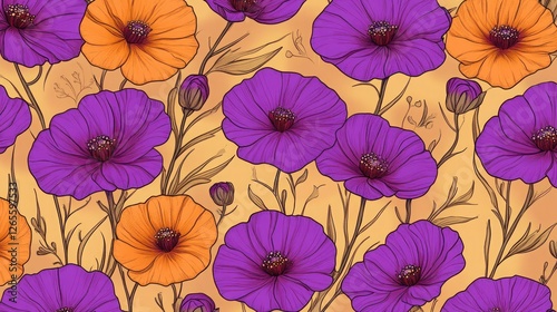 Purple orange floral pattern, textile design, autumn background