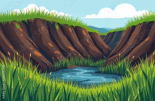 an illustration of a hole in the ground with grass and a river in the background