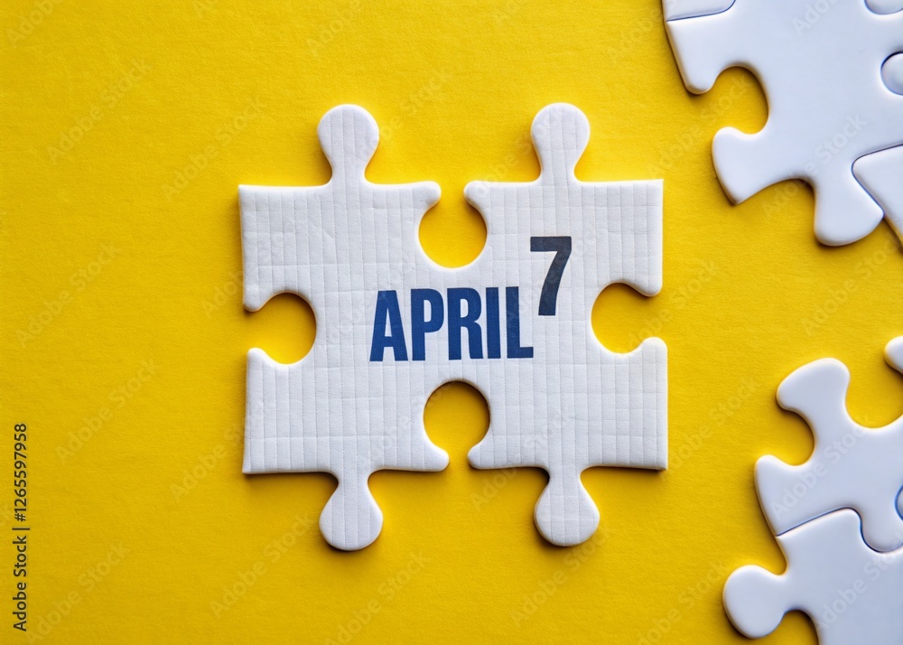 Obraz premium April 7th Calendar Date on White Jigsaw Puzzle Pieces - Yellow Background