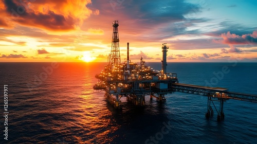 Offshore Oil and Gas Platform at Dramatic Sunset with Vibrant Sky and Seascape