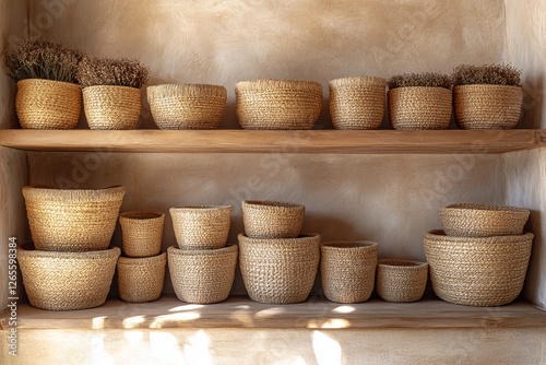 Natural seagrass baskets stacked on a wooden shelf photo