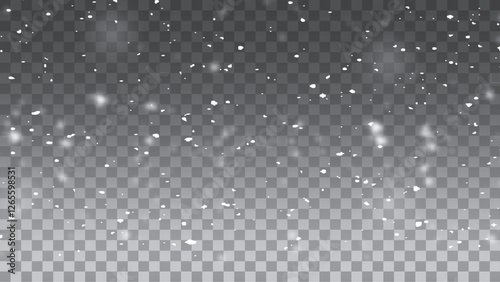 Snow and snowflakes on transparent background. Winter snowfall effect of falling white snow flakes and shining, New Year snowstorm or blizzard realistic backdrop.