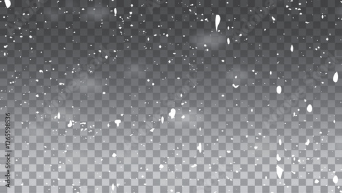Snow and snowflakes on transparent background. Winter snowfall effect of falling white snow flakes and shining, New Year snowstorm or blizzard realistic backdrop. Vector heavy snowfall.
