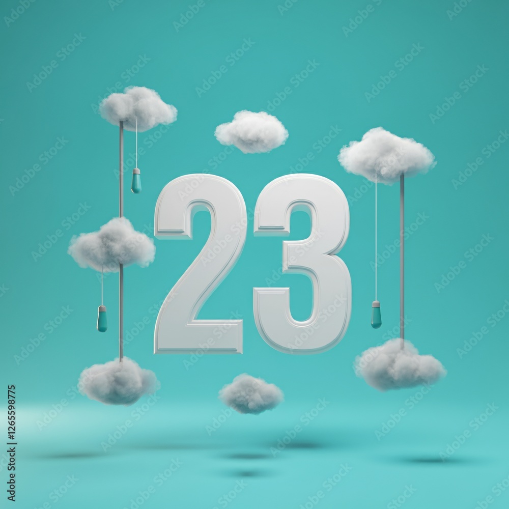 Modern 3D Abstract Clock with Number 23, Floating Clouds, and Industrial Pipes on a Teal Background Modern 3D Abstract Clock with Number 23, Floating Clouds, and Industrial Pipes on a Teal Background