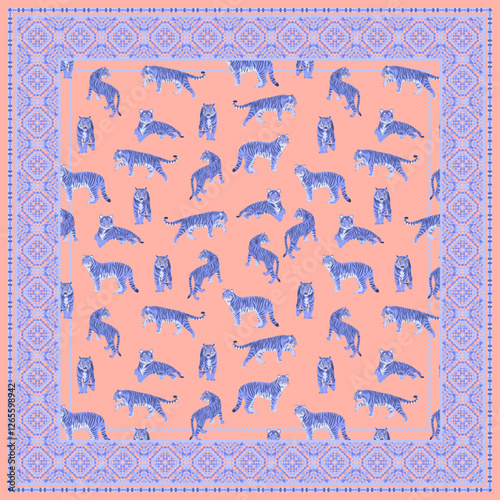 Square ornament for headscarf, bandanas. Lavender tigers, geometric ornaments.