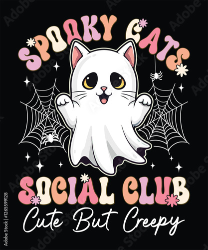 Spooky cats social club cute but creepy halloween cat ghost t-shirt design.
