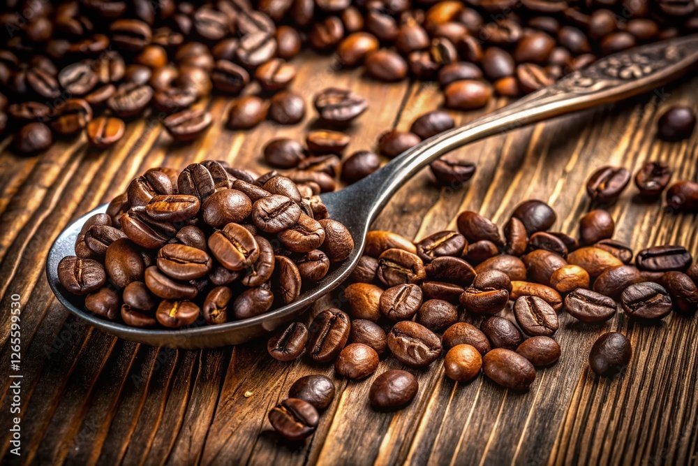 Fototapeta premium Aromatic Coffee Beans and Spoon on Rustic Wood - Stock Photo