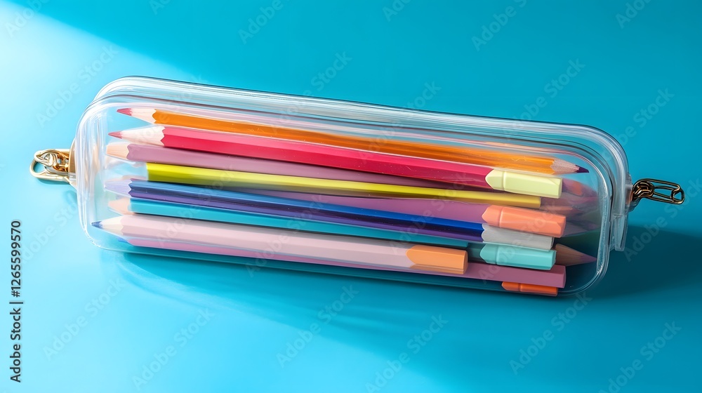 Fototapeta premium Colorful Pencils in Transparent Pencil Case on Blue Background