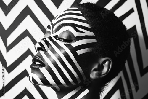 African female with zebra stripes face paint in black and white abstract pattern photo