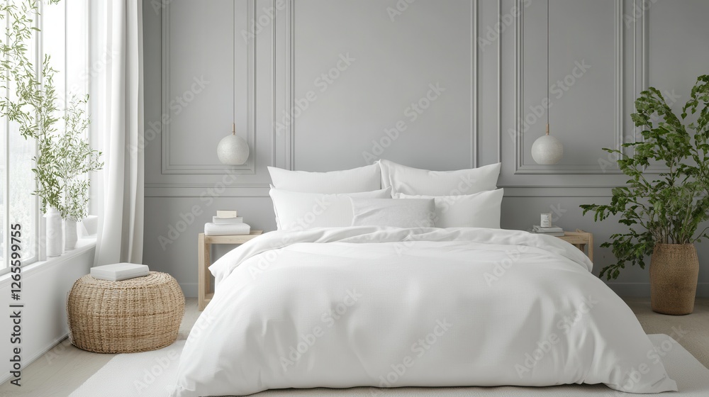 Fototapeta premium Elegant bedroom interior features a comfortable bed and plants