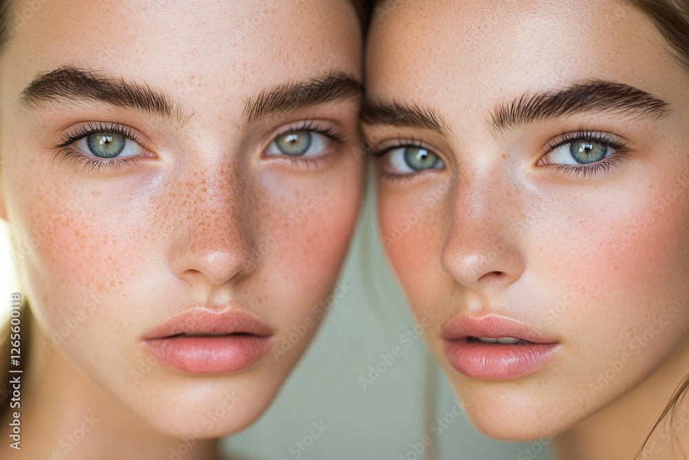 Close-up of two young caucasian females with freckles and blue eyes Close-up of two young caucasian females with freckles and blue eyes