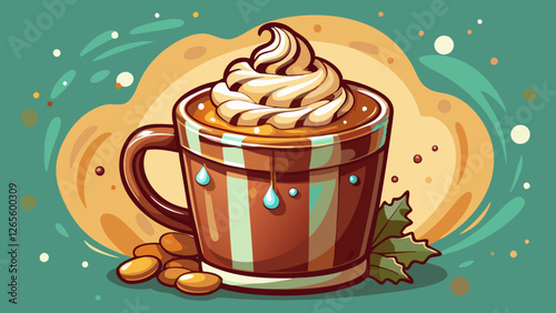 A mug of hot chocolate with whipped cream on top. The whipped cream is drizzled down the side of the mug. The image has a cozy and comforting mood, perfect for a cold winter 