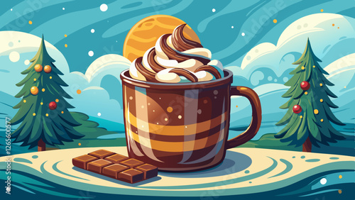 A mug of hot chocolate with whipped cream on top. The whipped cream is drizzled down the side of the mug. The image has a cozy and comforting mood, perfect for a cold winter 