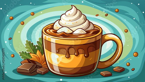 A mug of hot chocolate with whipped cream on top. The whipped cream is drizzled down the side of the mug. The image has a cozy and comforting mood, perfect for a cold winter 