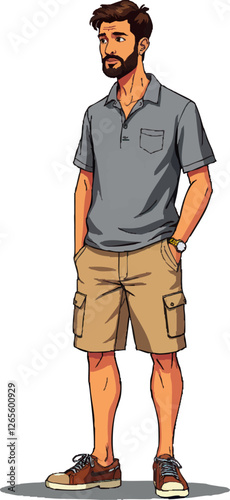 a man in shorts and a shirt is standing with his hands in his pockets