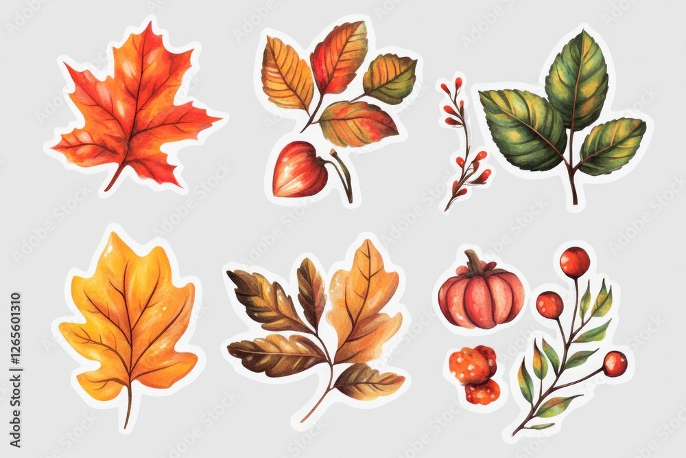 Obraz premium An inviting collection of autumn leaves, acorns, and a small pumpkin, appealingly arranged against a light background, showcasing the warmth and beauty of fall.