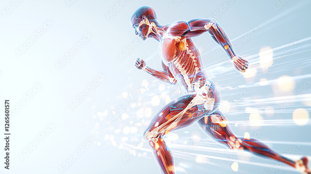 Anatomical illustration of a man running, showcasing muscles and skeletal system. The figure is in mid-stride, set against a light background. Anatomical illustration of a man running, showcasing muscles and skeletal system. The figure is in mid-stride, set against a light background.
