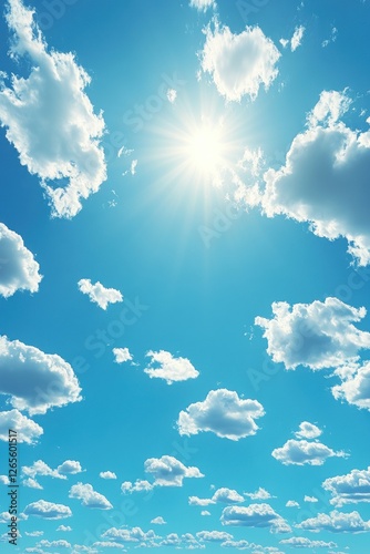 Sunny sky, fluffy clouds, bright sun, overhead view, background for design