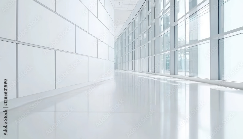 Obraz premium Modern hospital corridor with blurred perspective, clean and minimalistic design, natural daylight streaming through glass panels, futuristic healthcare space
