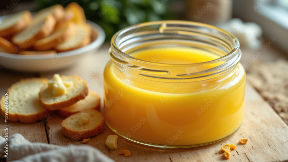 A jar of golden-yellow liquid with a label indicating beef tallow. Accompanied by a bowl of breadsticks and some garlic butter spread on toast. A jar of golden-yellow liquid with a label indicating beef tallow. Accompanied by a bowl of breadsticks and some garlic butter spread on toast.