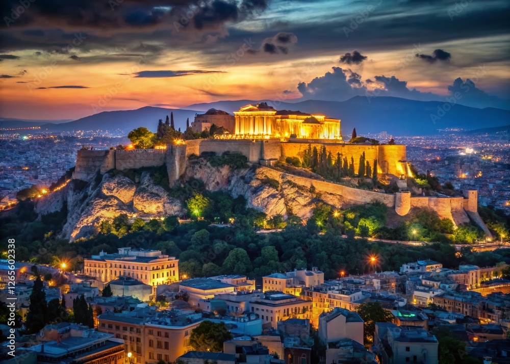 Obraz premium Athens Night Photography: Acropolis & City Lights Panorama