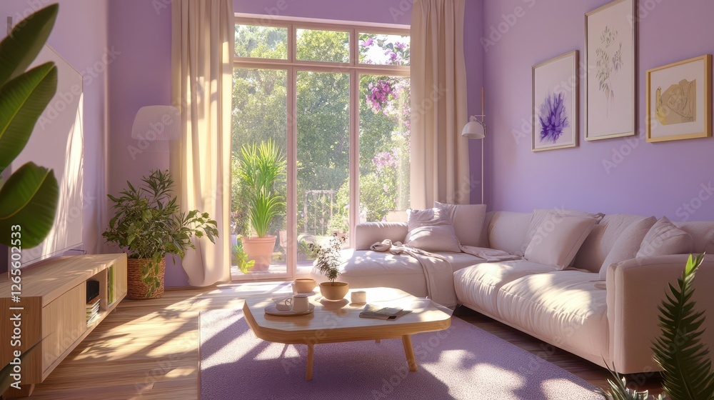 Fototapeta premium Bright living room features large windows with a garden view