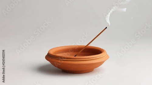 A handmade clay incense holder with a single burning incense stick. A light wisp of smoke drifts into the air.