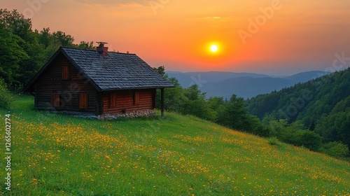 Sunset mountain cabin meadow wildflowers scenic landscape