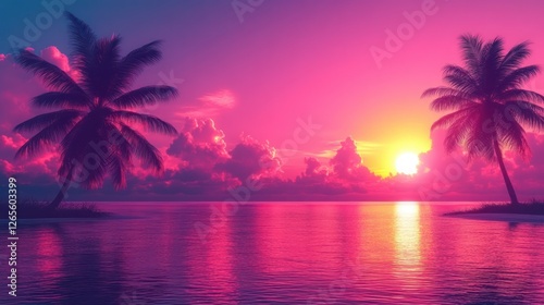 Tropical sunset beach paradise, palm trees silhouetted, ocean reflections, vacation poster