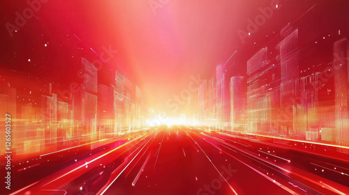 Futuristic cityscape with glowing lights and vibrant colors, showcasing digital skyline and dynamic energy, creating sense of speed and innovation photo