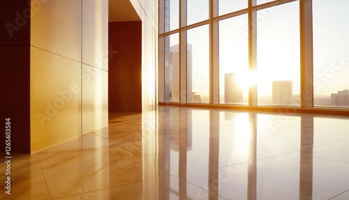 Wallpaper Mural Spacious office entrance with soft-focus effect, glass walls overlooking a cityscape, warm sunlight reflections, elegant and professional atmosphere Torontodigital.ca