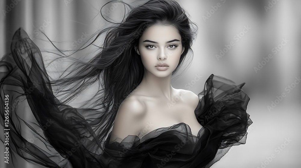 A sophisticated model sits on the edge of a historic piazza in Naples, dressed in a flowing strapless gown. The contrast of black and white fabric against her glowing skin creates a mesmerizing A sophisticated model sits on the edge of a historic piazza in Naples, dressed in a flowing strapless gown. The contrast of black and white fabric against her glowing skin creates a mesmerizing