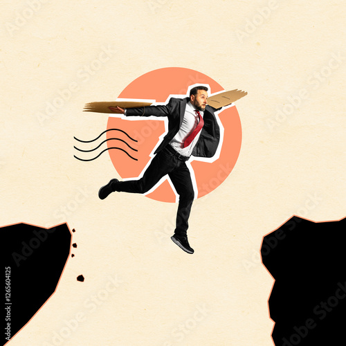 A businessman is flying over an abyss using cardboard wings. Art collage. photo