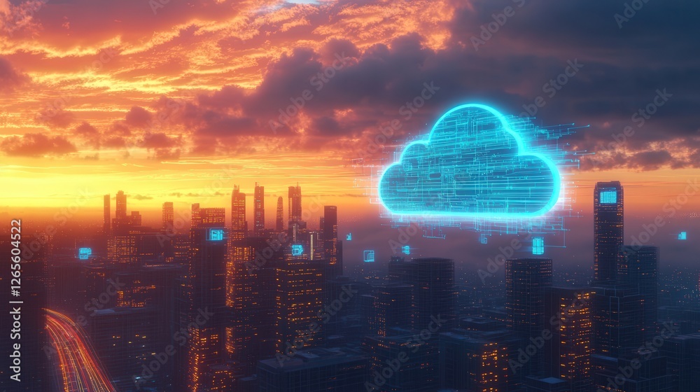 Obraz premium futuristic cityscape with digital cloud overlay and glowing technology icons