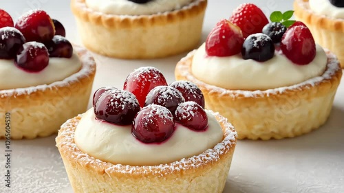 Wallpaper Mural Festive Mini Tarts Dusted with Powdered Sugar Topped with Berries on Creamy Filling Celebrating Holiday Desserts with Elegant Presentation and Soft Focus for Winter Gourmet Culinary Art Torontodigital.ca