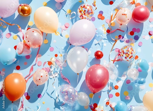 Wallpaper Mural Colorful birthday background with party balloons, confetti, and streamers on a pastel blue surface.  Torontodigital.ca