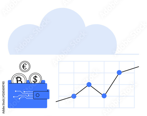 Digital wallet holding cryptocurrency coins beside a rising line graph. Large cloud in the background. Ideal for finance, blockchain, data growth, cloud computing, fintech, investment, abstract line