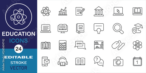 Education icon set. Learning icons for website and mobile app. Education, school and learning editable stroke icons. Thin line icons set of academic subjects and education. Vector illustration.