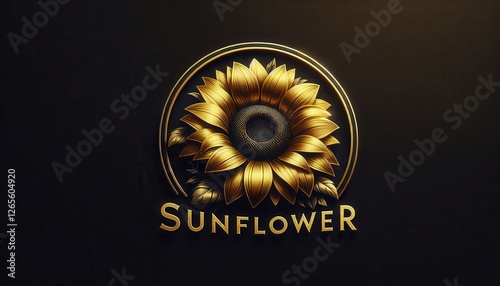 Minimalist sunflower emblem in golden tones with bold text on dark background ideal for eco-conscious branding organic product packaging and digital use