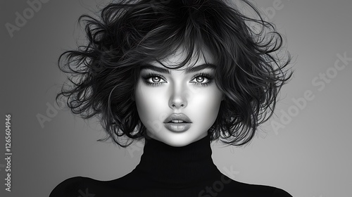 Cinematic black-and-white headshot of a woman with wild curls, her eyes wide in surprise, soft directional light creating a smooth yet detailed texture, fine art portrait with a contemporary 