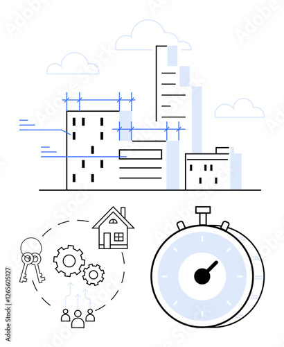 Skyscrapers under construction, gear teamwork, keys, house, and stopwatch showing project management. Ideal for real estate, architecture, urban planning, deadlines teamwork efficiency abstract