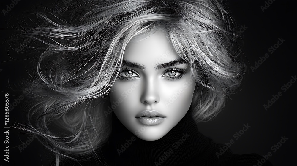 High-fashion inspired black-and-white portrait of a woman with tousled waves, her eyes full of wonder, soft diffused light highlighting the fine details of her face, modern and sophisticated, High-fashion inspired black-and-white portrait of a woman with tousled waves, her eyes full of wonder, soft diffused light highlighting the fine details of her face, modern and sophisticated,