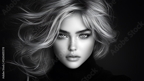 High-fashion inspired black-and-white portrait of a woman with tousled waves, her eyes full of wonder, soft diffused light highlighting the fine details of her face, modern and sophisticated, 