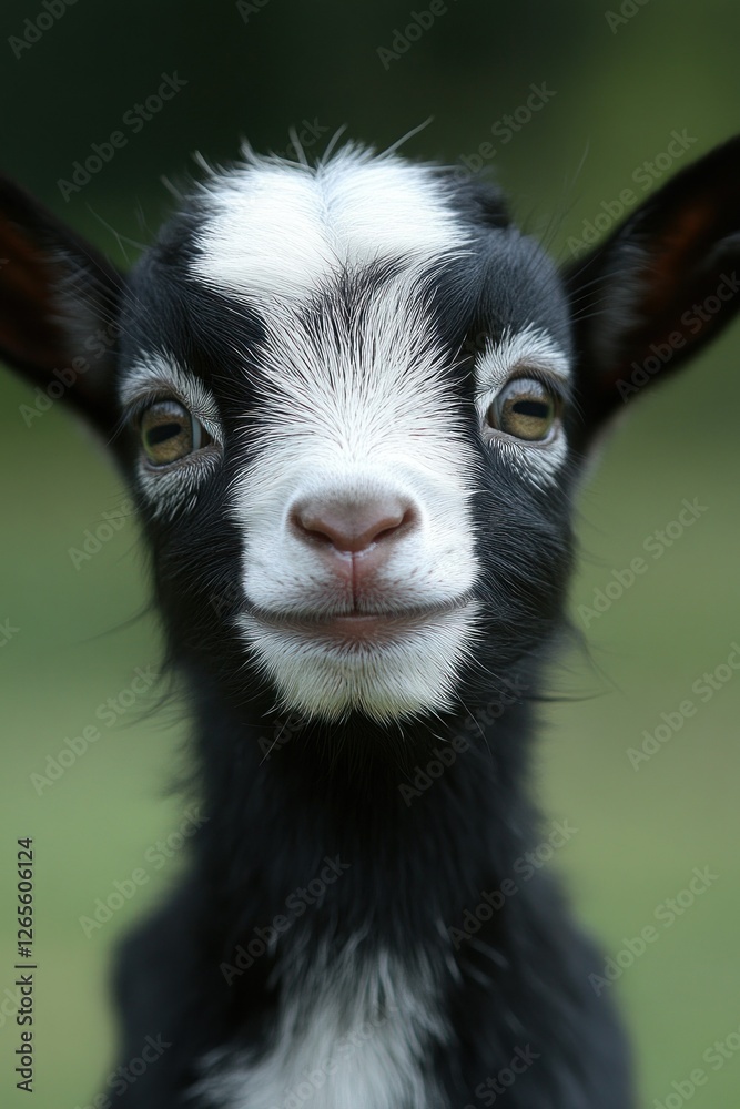 Happy baby goat portrait, farm field background, springtime Happy baby goat portrait, farm field background, springtime