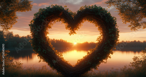 Heart-Shaped Vine Arch at Sunrise Over a Lake
 photo