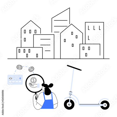 City skyline with buildings, woman in blue interrogating fee on magnifying glass, electric scooter. Ideal for urban living, mobility, convenience, technology, sustainable travel, modern