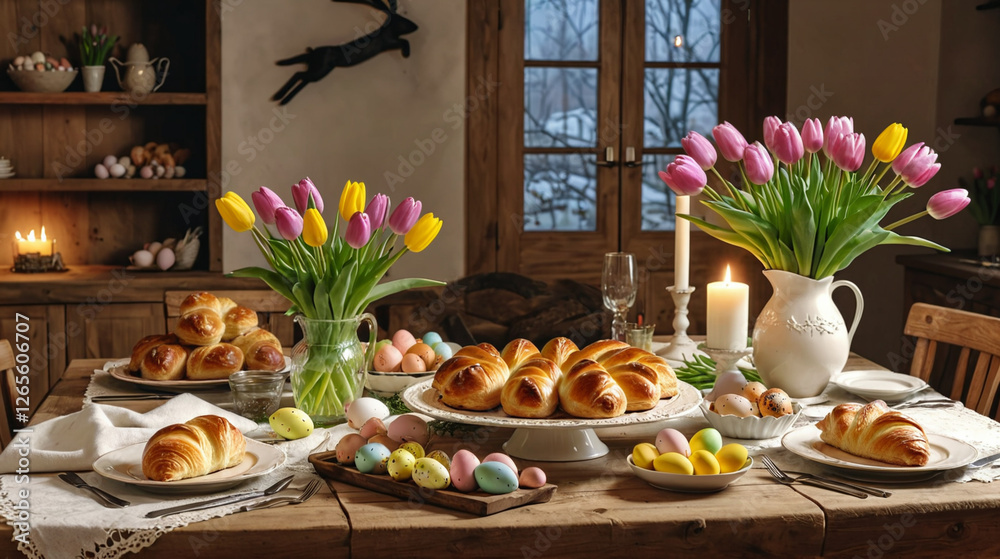 Elegant Easter Table Setting with Flowers and Candles Elegant Easter Table Setting with Flowers and Candles
