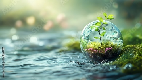 Sustainable Globe with Plant Sprout in Transparent Water Environment