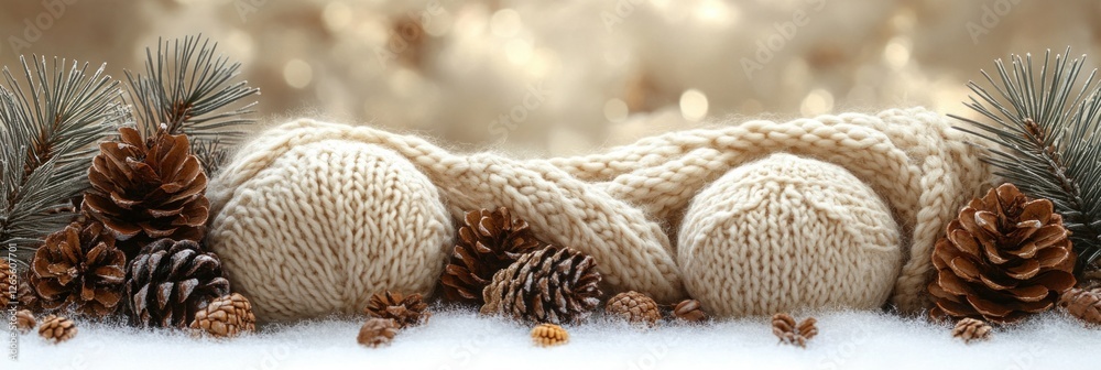 Naklejka premium Knit yarn, pine cones, winter scene, bokeh background; holiday craft