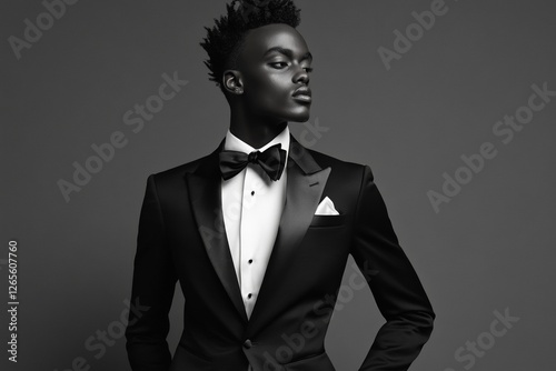 Elegant young african male model in black tuxedo with bow tie in studio portrait